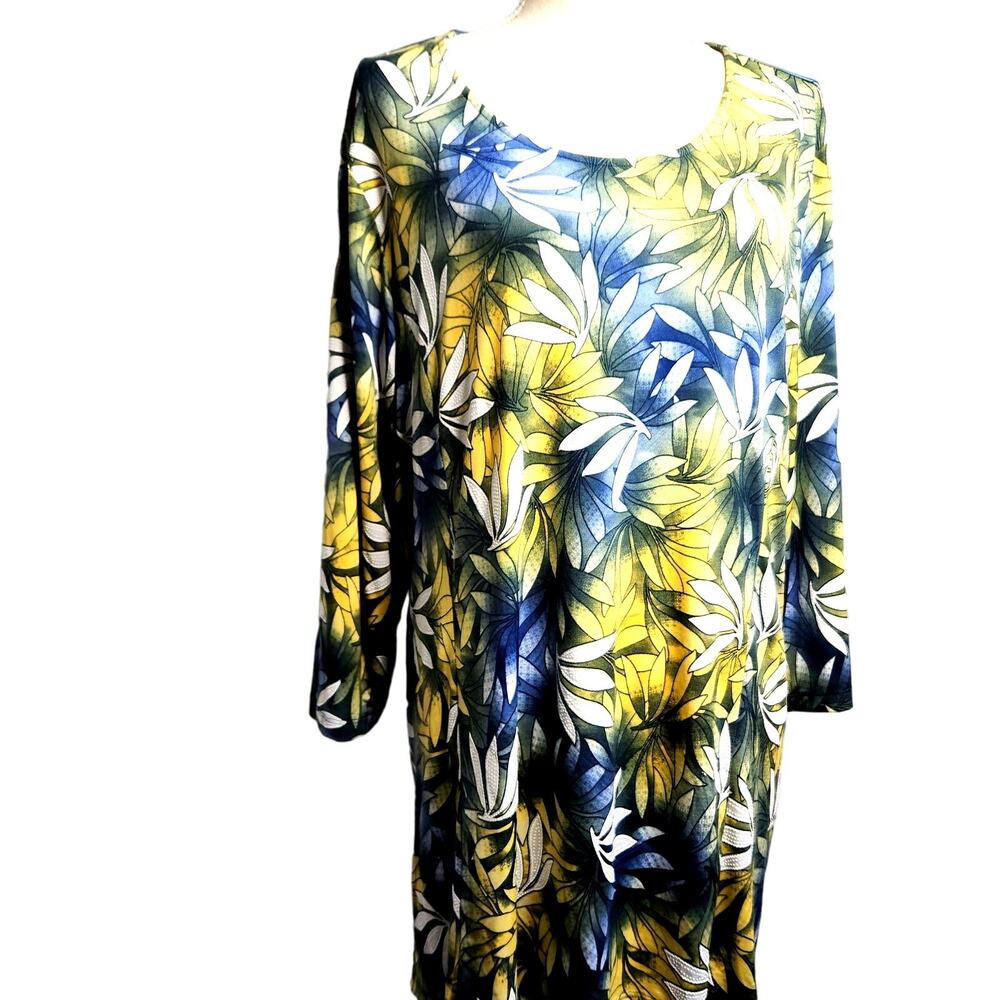 Southern Lady Top Size L Green Yellow Stretch Tunic Boho Classic Botanical Look